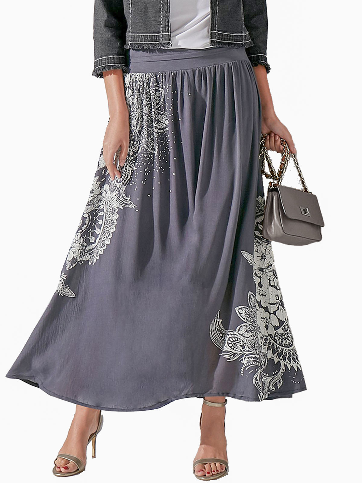 Blancheporte Ladies Clothing Blancheporte GREY Placement Print Wide Waist Maxi Skirt Size 8 to 26 EU 36 to