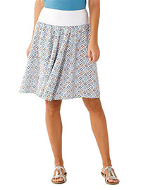 Blancheporte TURQUOISE Pull On Tile Print Wide Waist Skirt - Size 8 to 26 (EU 36 to 54)