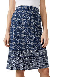 BLUE Floral Tile Border Print Skirt - Size 8 to 20