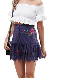 BLUE Pure Cotton Floral Embroidered Button Front Mini Skirt - Size 4 to 18