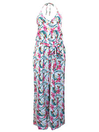 AQUA Hibiscus Print Halterneck Belted Jumpsuit - Size 12/14 to 20/22