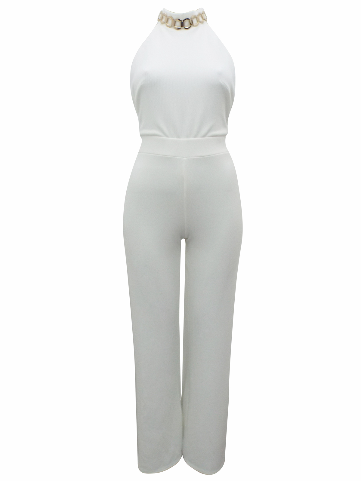 Miss Selfridge - - IVORY High Neck Chain Open Back Jumpsuit - Size 6 to 10