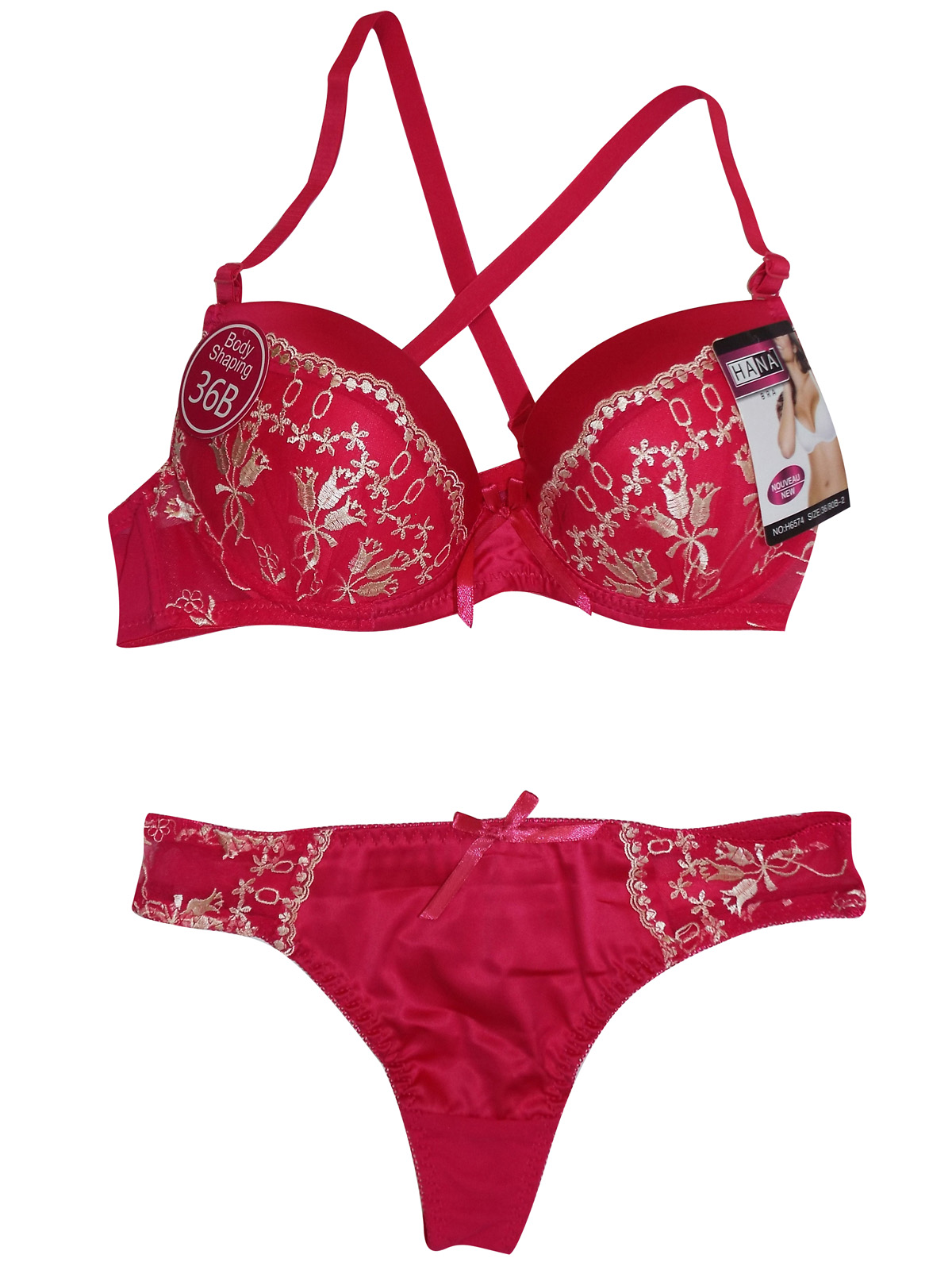 Hana Hana Hot Pink Embroidered Full Cup Satin And Mesh Bra And Thong Set Size 36 To 46