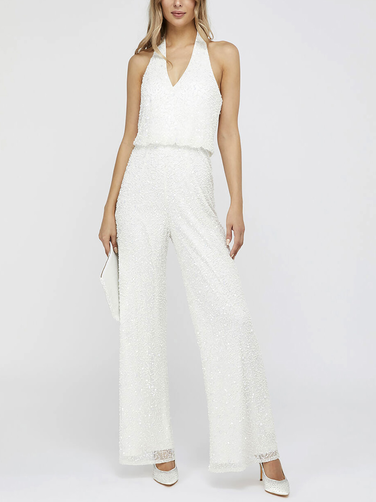 M0NSOON IVORY Diana Sequin Bridal Halter Jumpsuit - Size 6 to 18