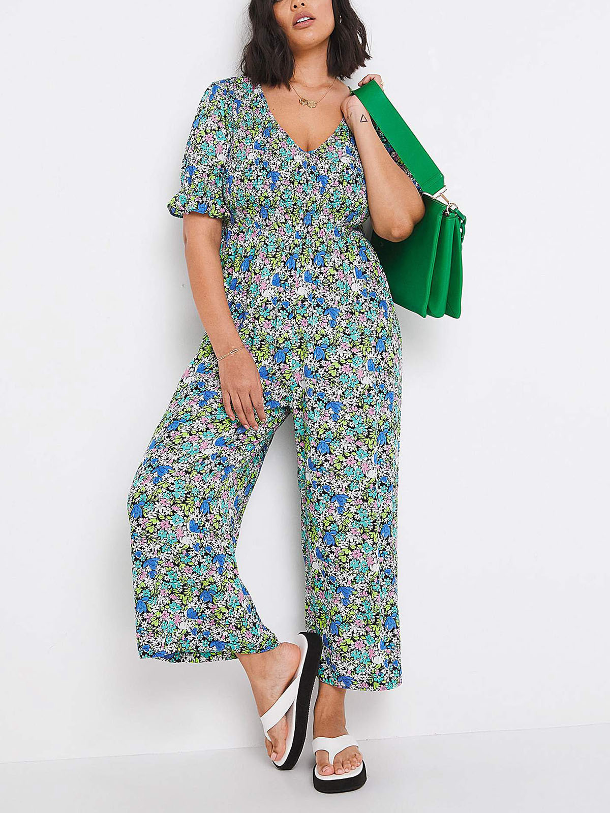 Plus Size wholesale clothing by simply be BLUE Floral Print Crinkle Short Sleeve Jumpsuit Plus Size 14 to 16