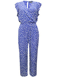 BLUE Spot Print Ruffle Shoulder Jumpsuit - Plus Size 14 to 18