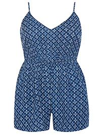 Curve BLUE Geo Print Strappy Playsuit - Plus Size 16 to 34/36