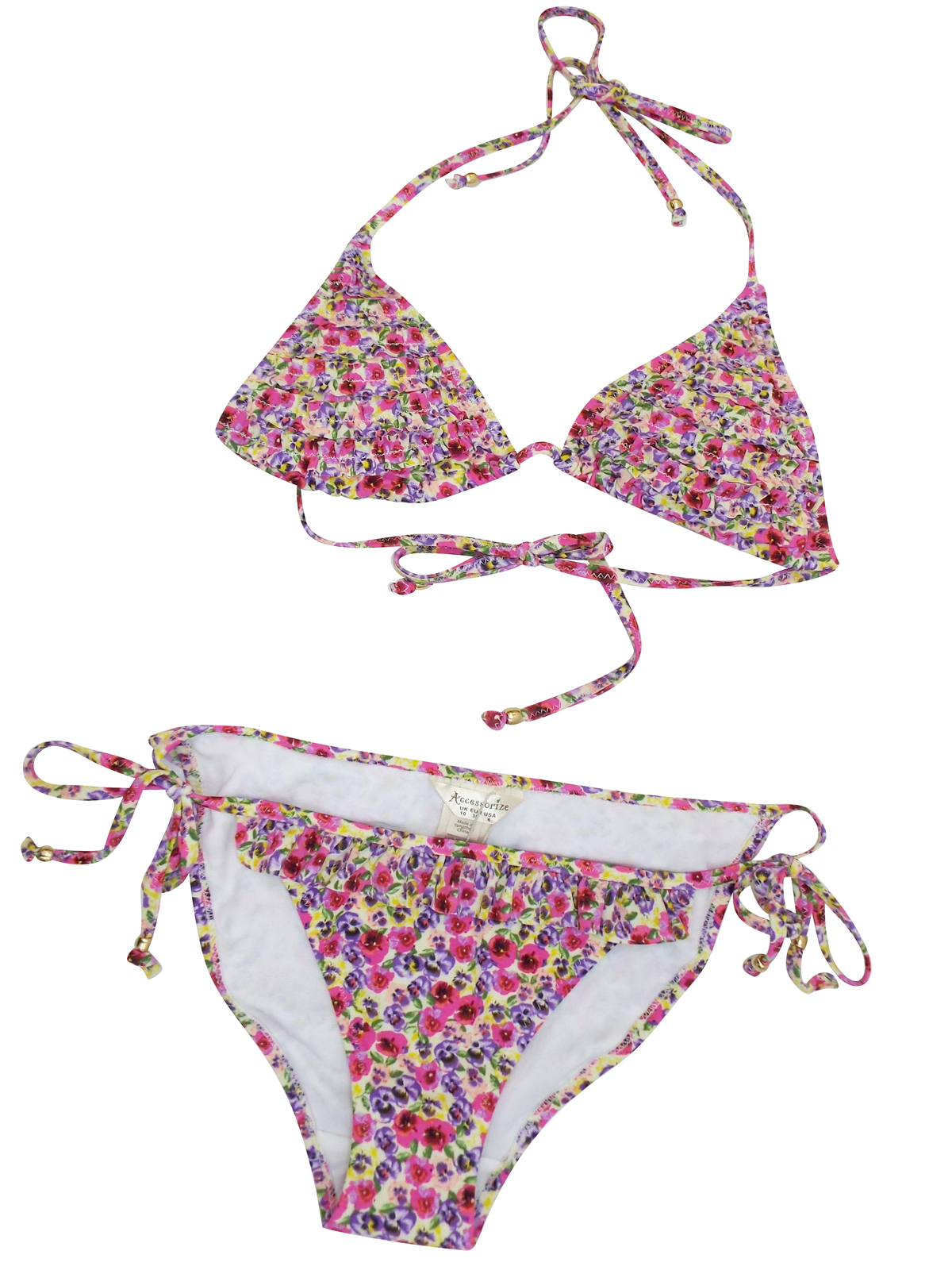 Accessorize PINK Pansy Floral Frilled Triangle Bikini Set - Size 6 to 16