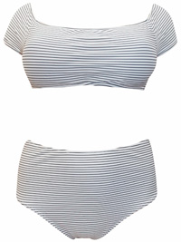 B00H00 BLACK/WHITE Striped Bardot High Waist Bikini Set - Plus Size 16 to 24