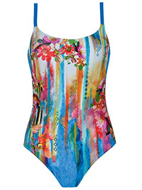 BLUE/GOLD Floral Print Lightly Padded Scoop Back Swimsuit - Size 10