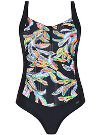 BLACK Feather Print Padded Control Swimsuit - Size 10