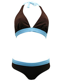 BROWN/AQUA Color Block Triangle Bikini Set - Size 10 to 12 (EU 38 to 40)
