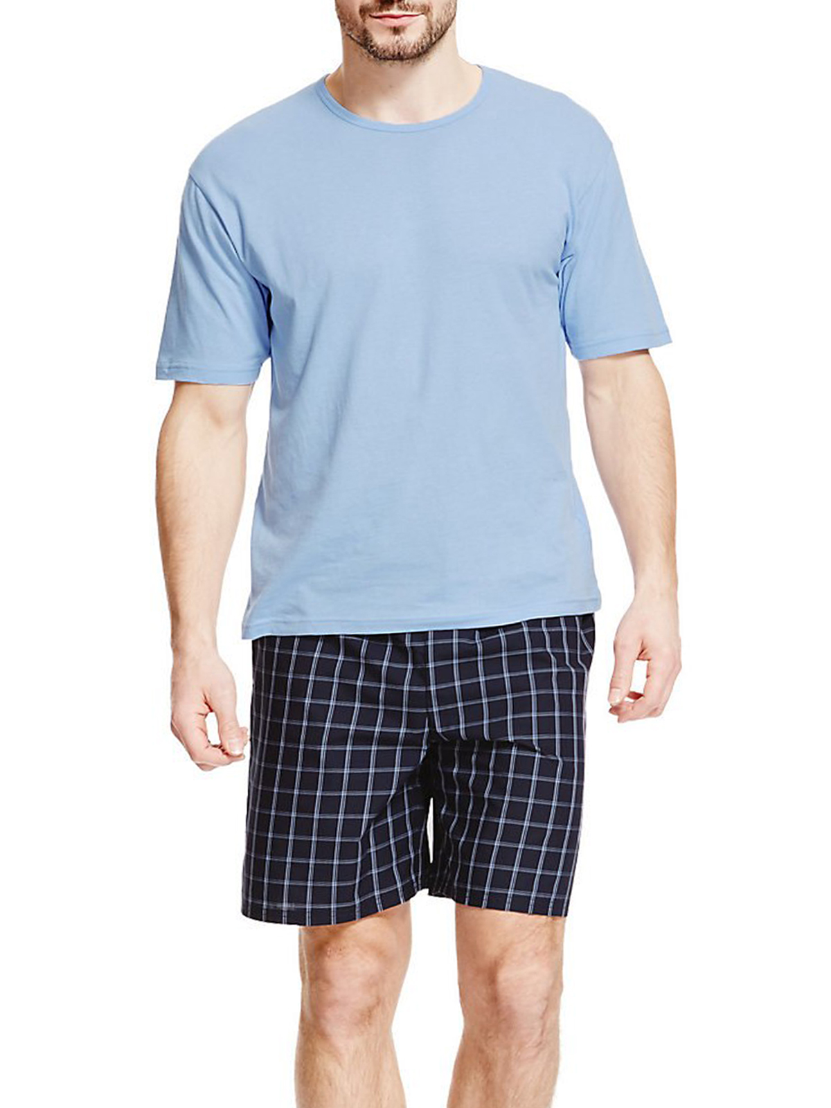 marks-and-spencer-m-5-blue-pure-cotton-t-shirt-checked-shorts-set