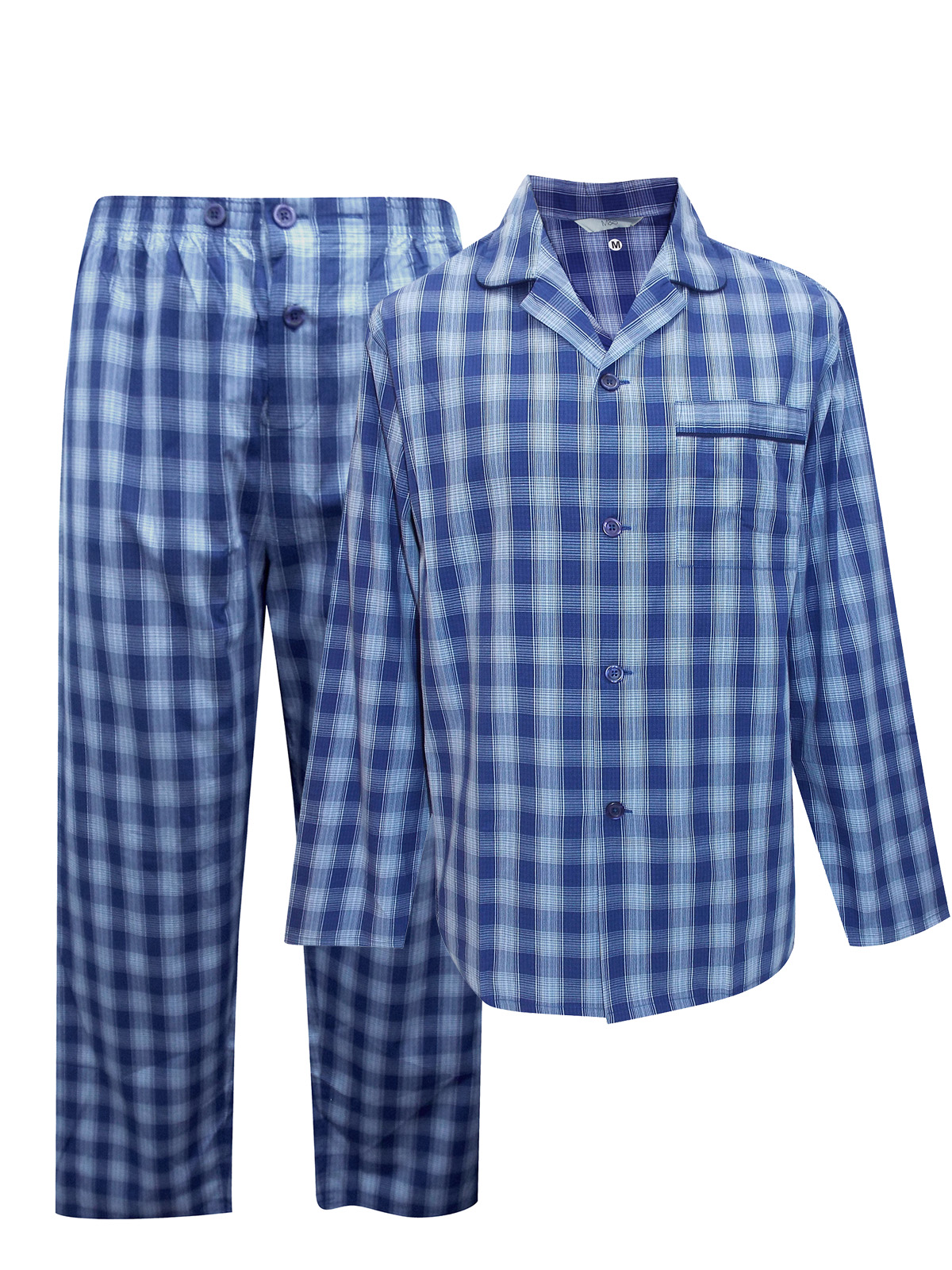 Marks And Spencer Mand5 Blue Mens Cotton Blend Checked Long Sleeve Pyjama Set Size Medium To Xxl