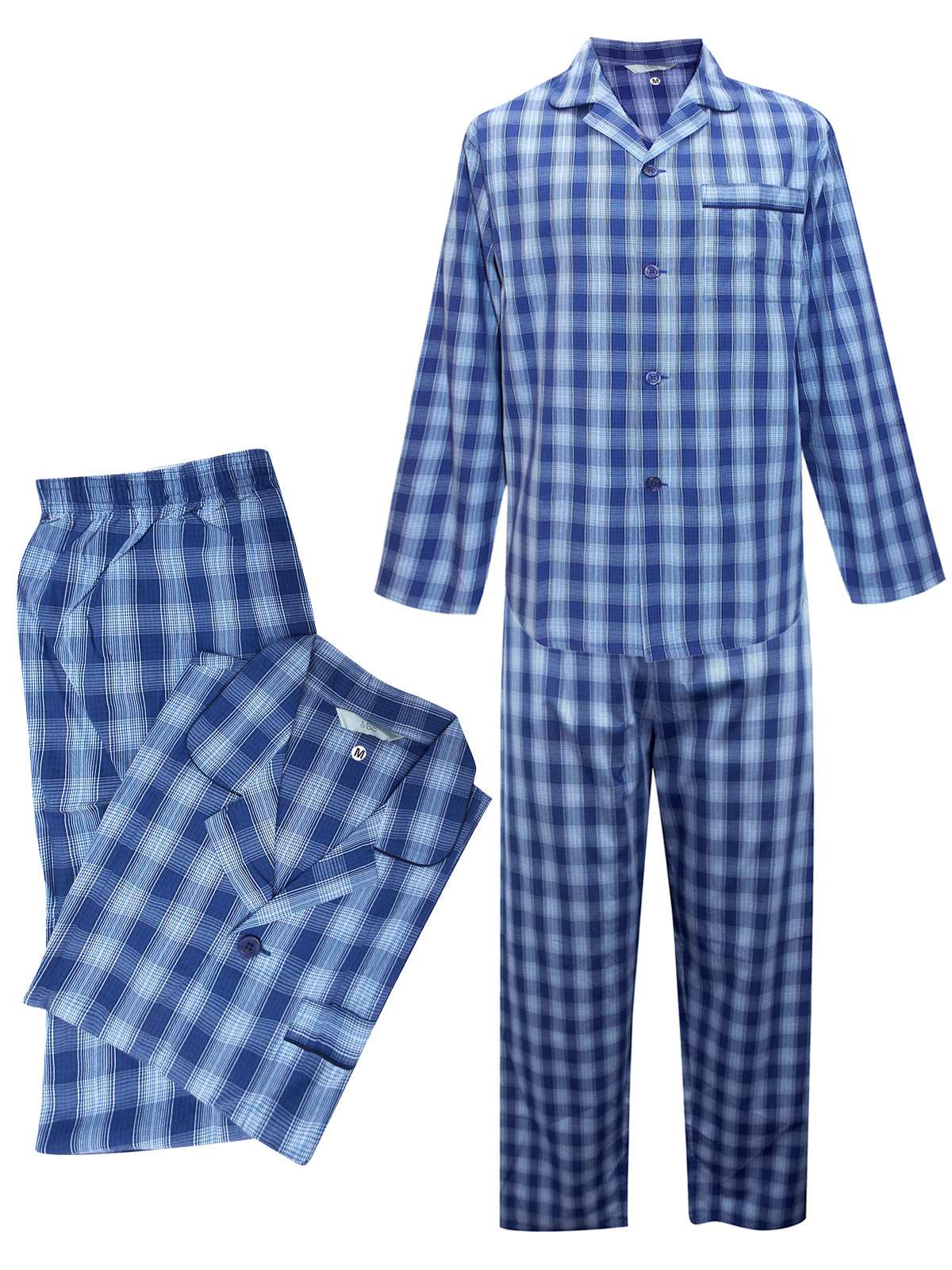 Marks and Spencer M&5 BLUE Mens Cotton Blend Checked Long Sleeve Pyjama Set Size Medium to XXL