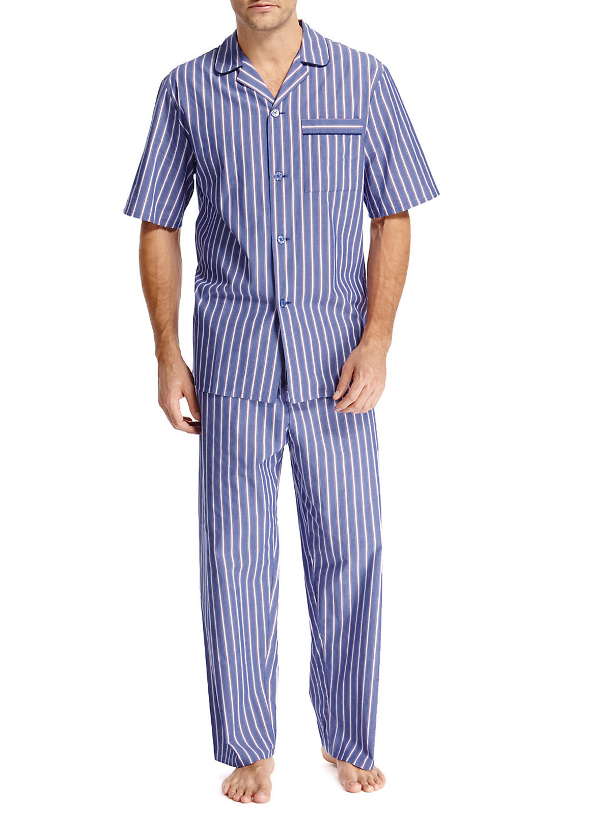 Marks And Spencer Mand5 Blue Mens Cotton Blend Striped Pyjamas Size Small To Xxl