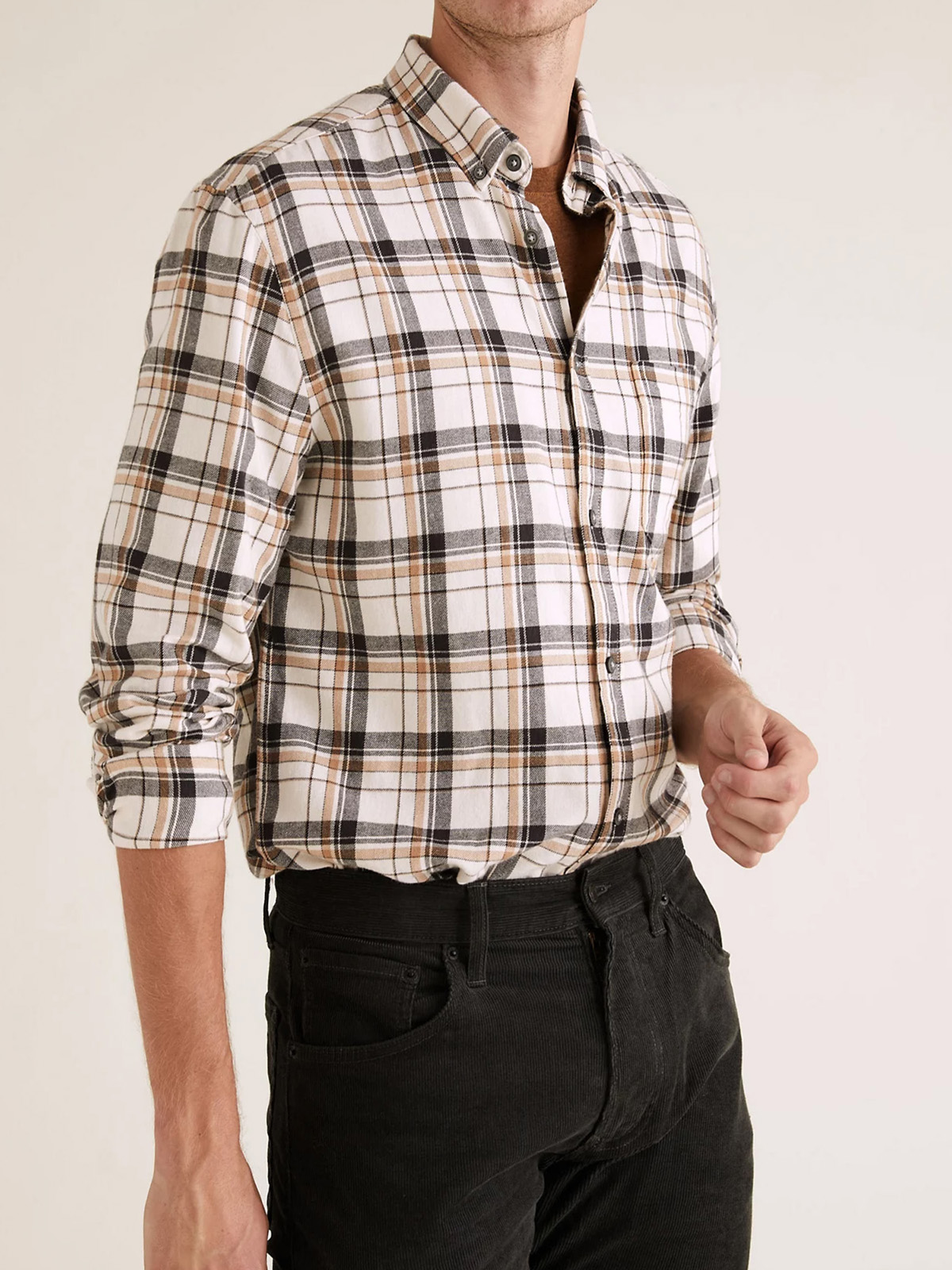 Marks and Spencer M&5 Mens ECRU Mix Pure Cotton Flannel Check Shirt