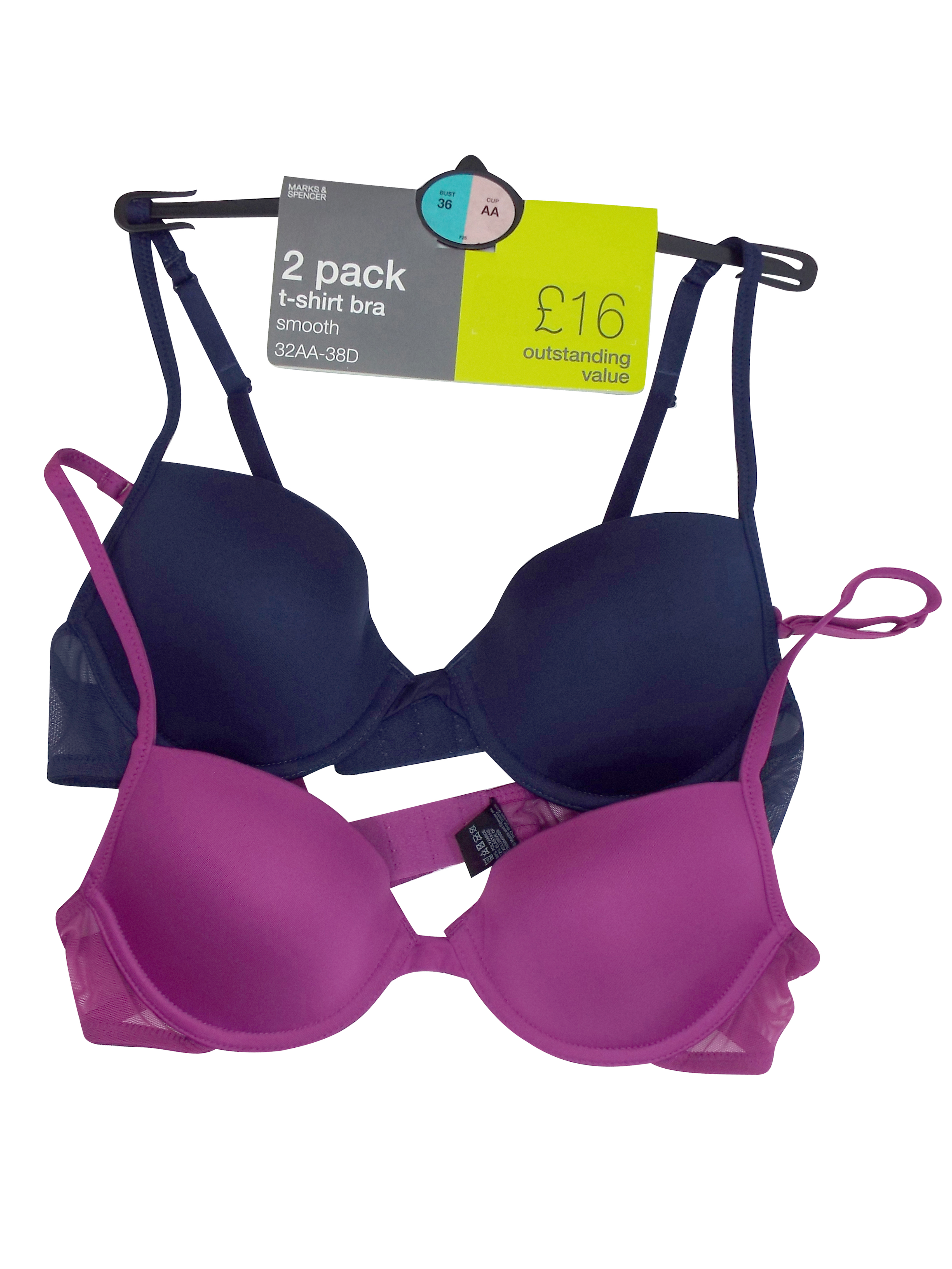 Marks And Spencer Mand5 Bright Violet 2 Pack Underwired Padded Full Cup T Shirt Bra Size 34