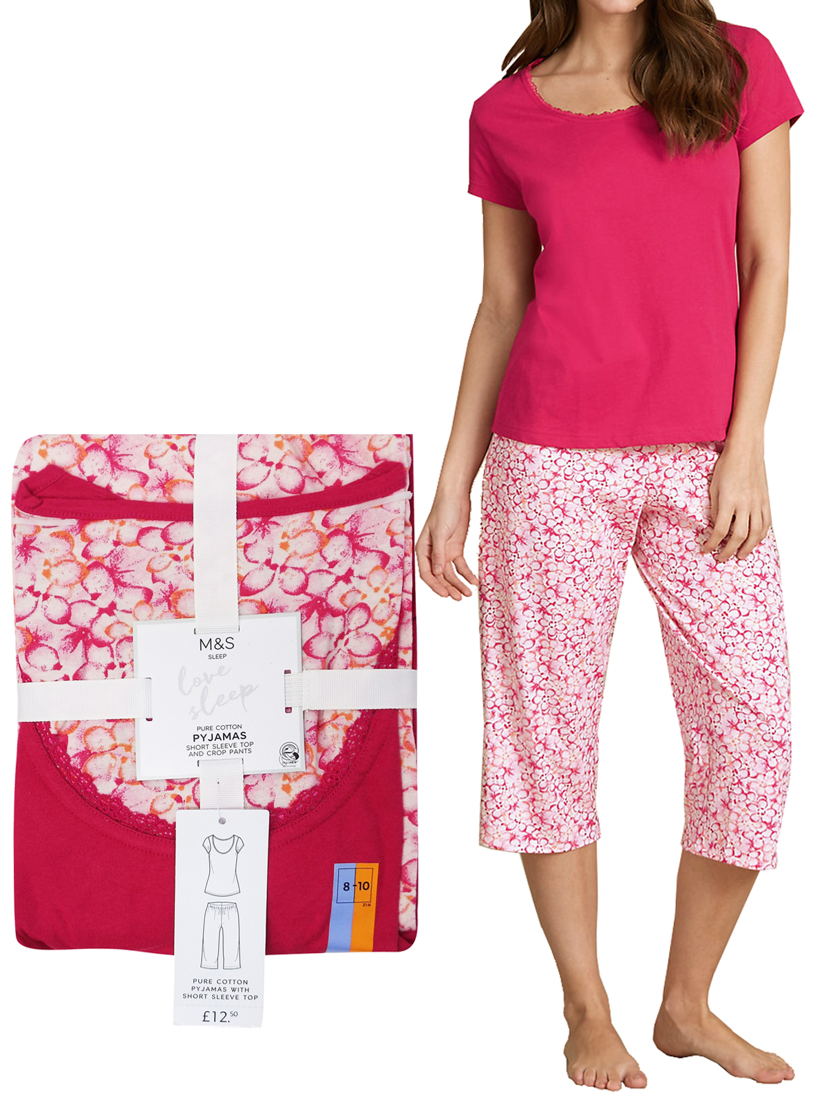 Marks and Spencer M&5 PINK Pure Cotton Floral Print Cropped Pyjamas