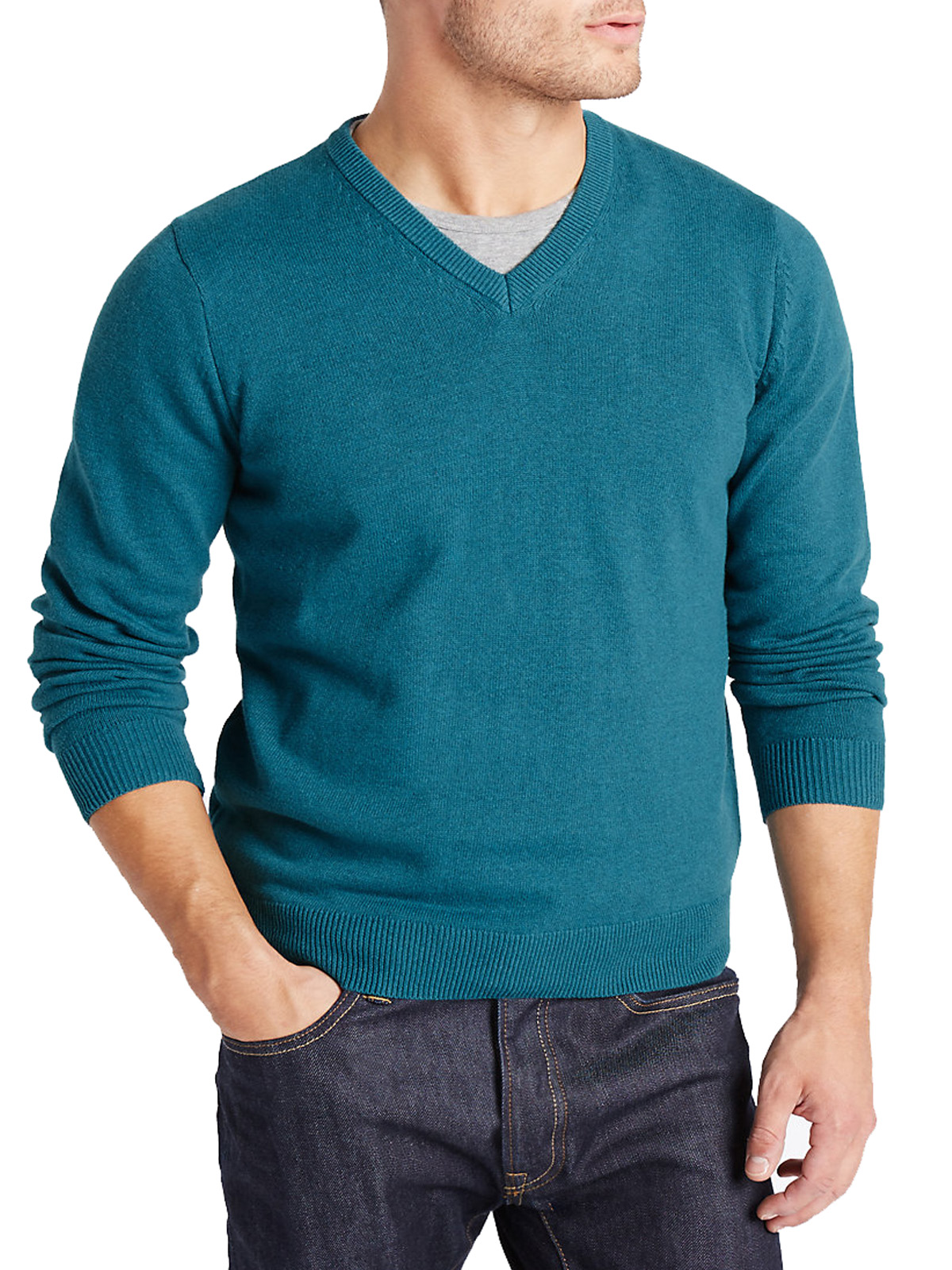 Marks and Spencer - - M&5 DARK-TEAL Pure Cotton V-Neck Jumper - Size ...