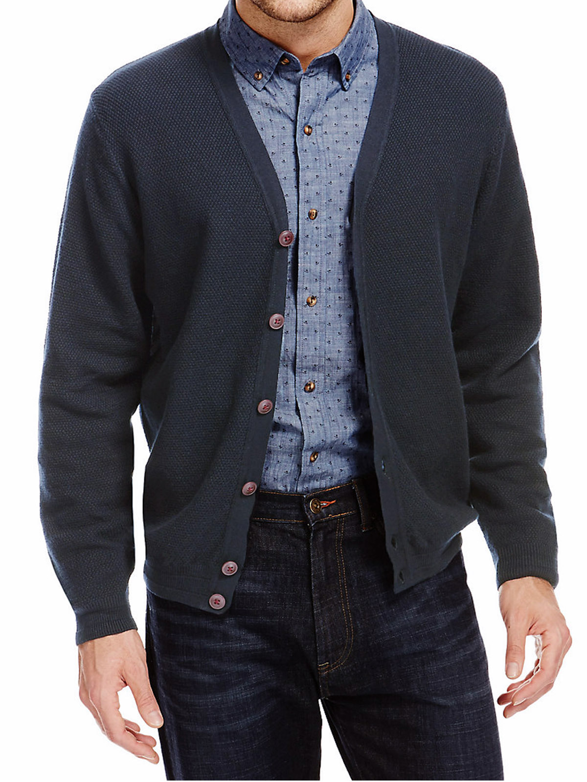 Marks and Spencer - - M&5 Navy Pure Cotton Piqué Textured Cardigan ...