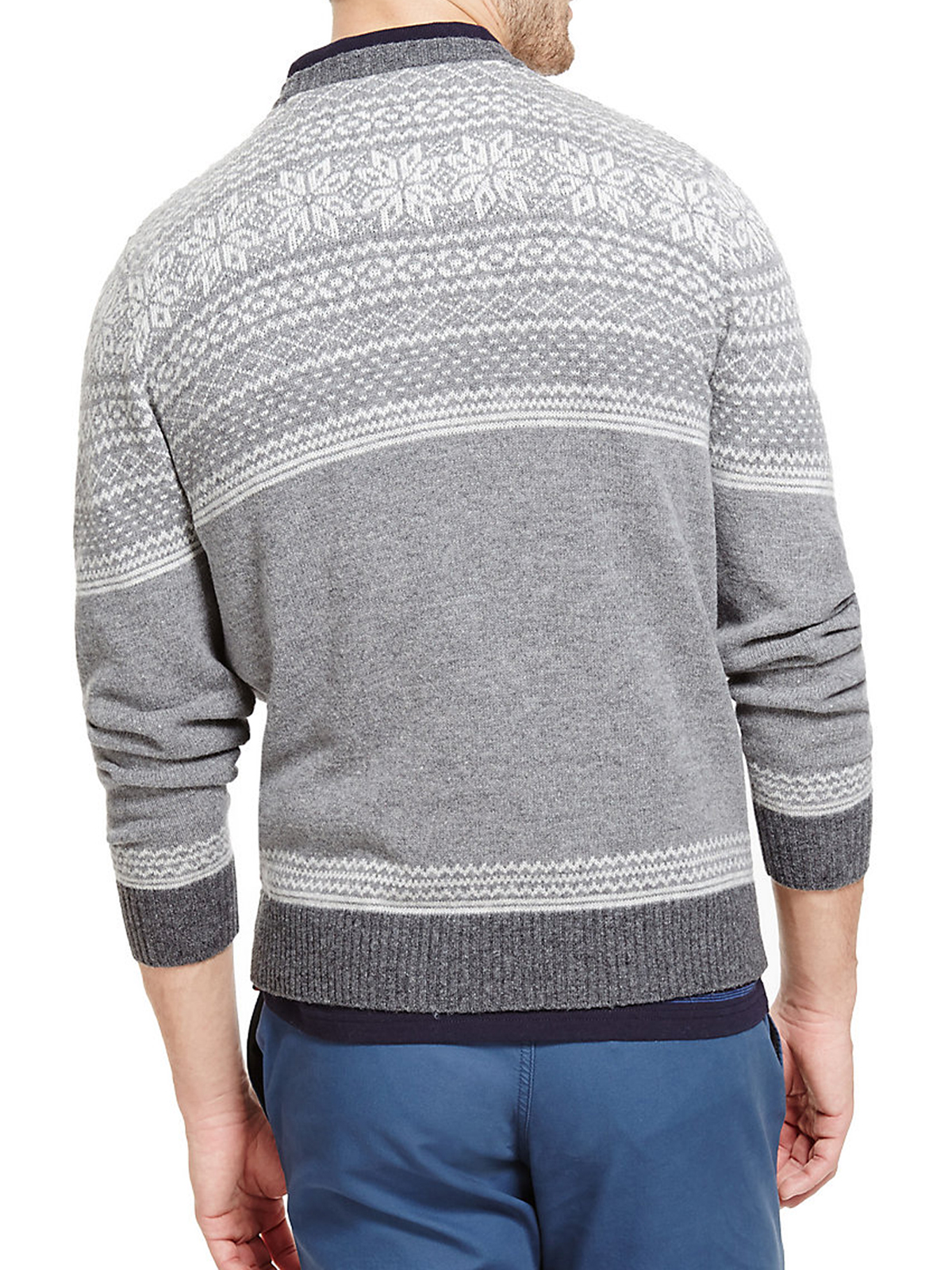 Marks and Spencer - - M&5 GREY-MIX Lambswool Rich Sporty Fair Isle Crew ...