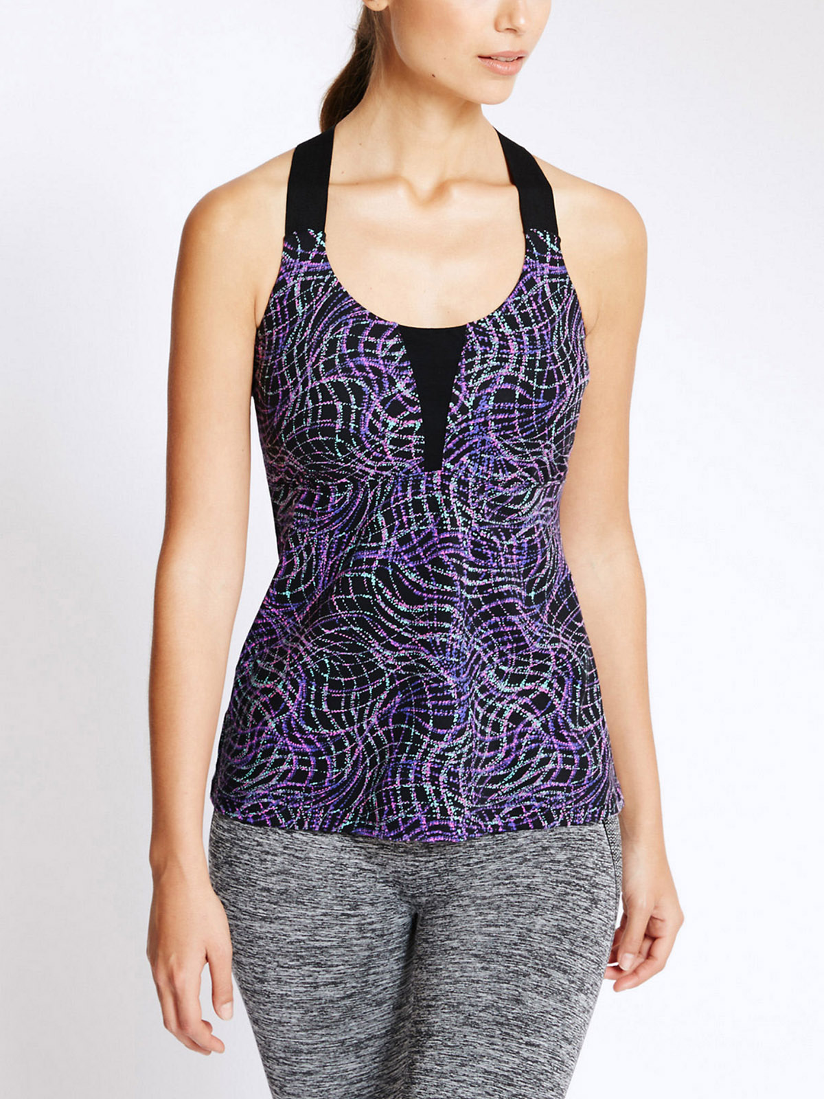 Marks and Spencer M&5 BLACK Printed High Impact Padded Sports Vest Plus Size 14 to 18