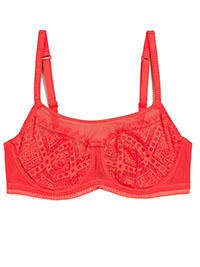 M&5 BRIGHT-CORAL Mesh Lace Underwired Balcony Bra - Size 32 to 42 (B-C-D-DD-F)