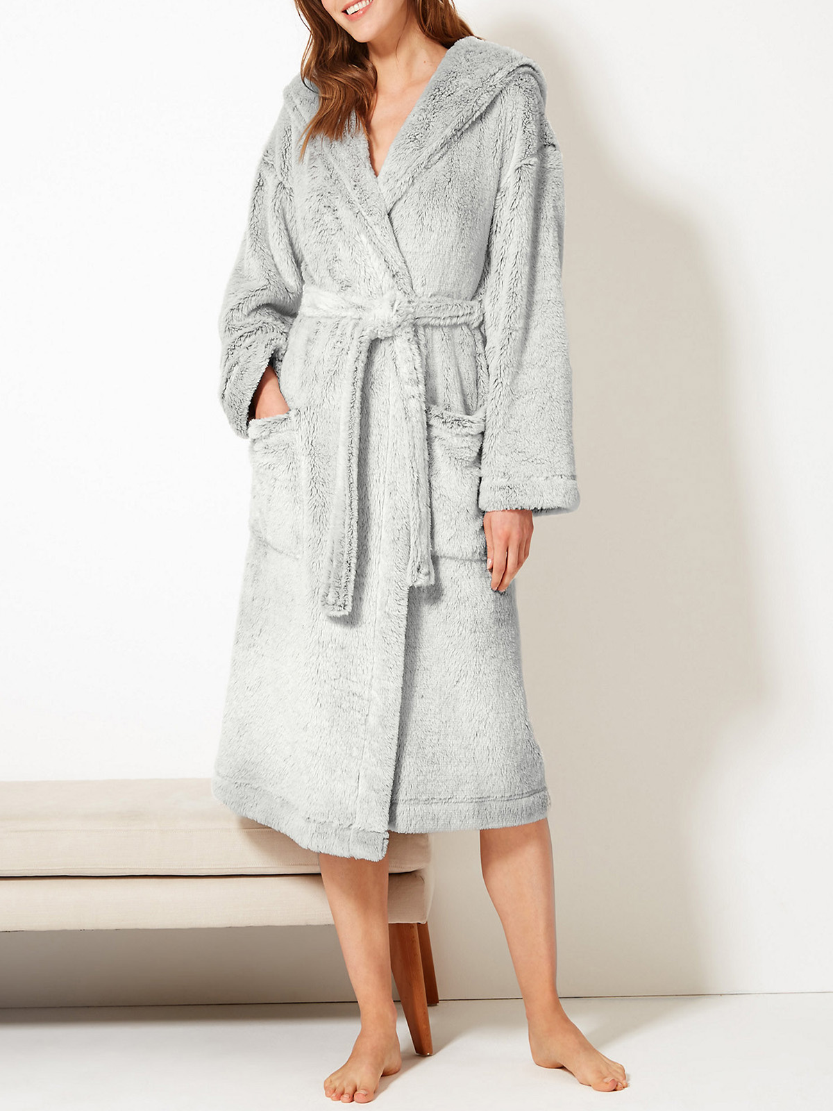 Marks And Spencer Mand5 Grey Fleece Hooded Dressing Gown Size 68 To 2022 7207