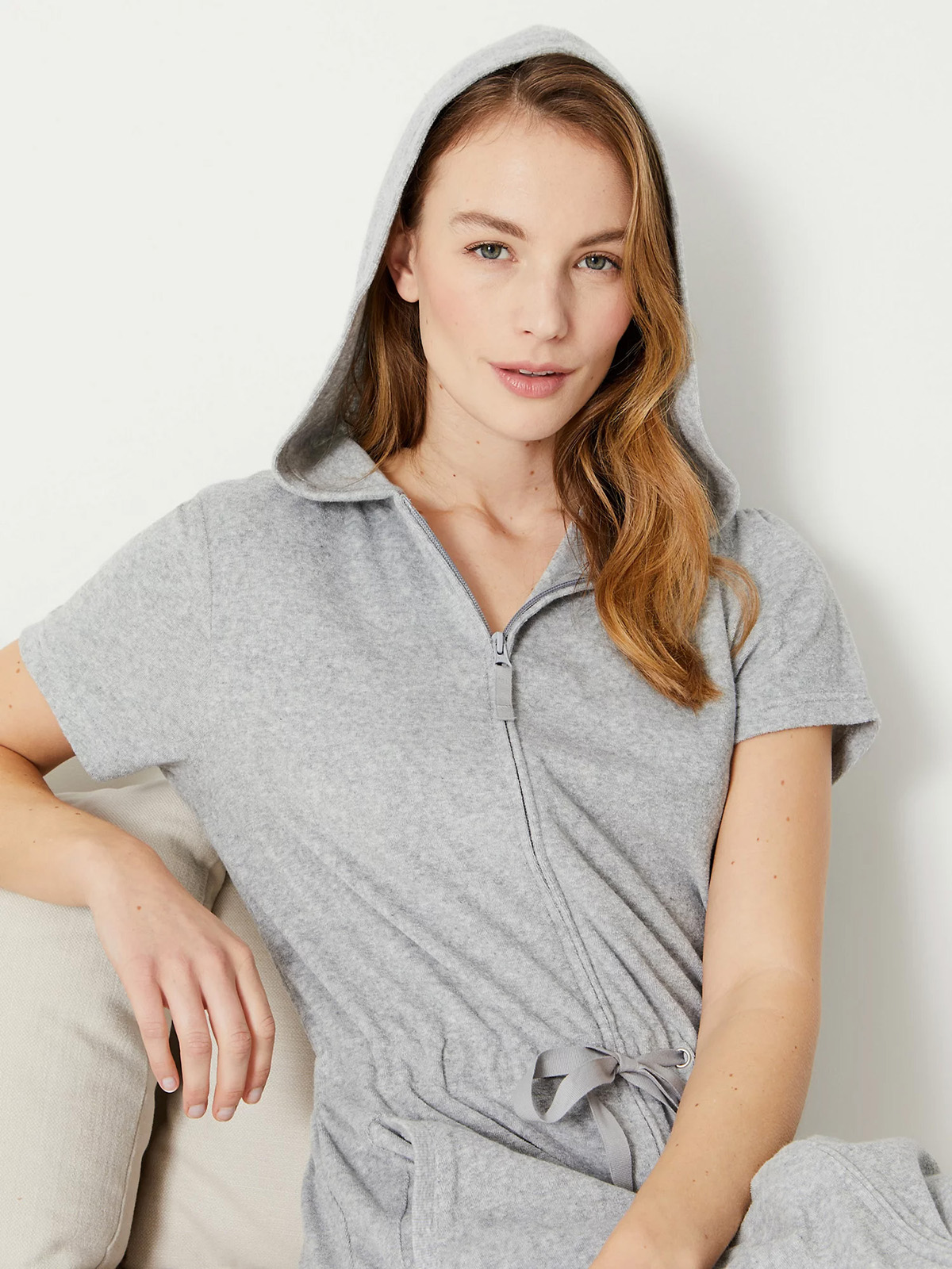 Marks and Spencer M&5 GREY Terry Zip Up Short Dressing Gown Plus