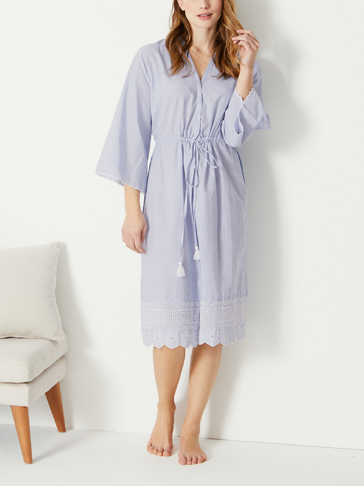 Marks and Spencer M&5 BLUE Pure Cotton Broderie Tassel Tie Dressing