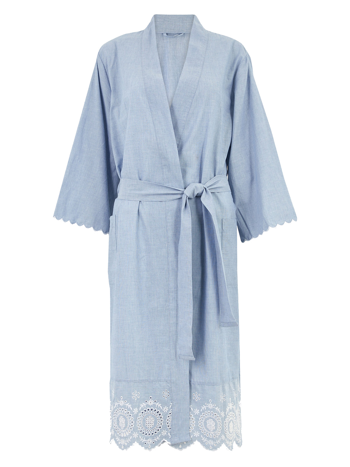 Marks and Spencer M&5 BLUE Cotton Broderie Short Wrap Dressing Gown
