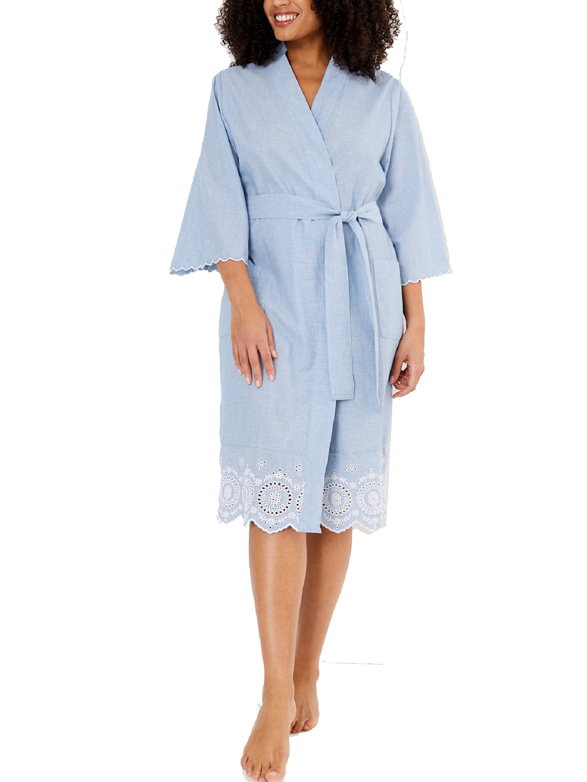 Marks and Spencer M&5 BLUE Cotton Broderie Short Wrap Dressing Gown