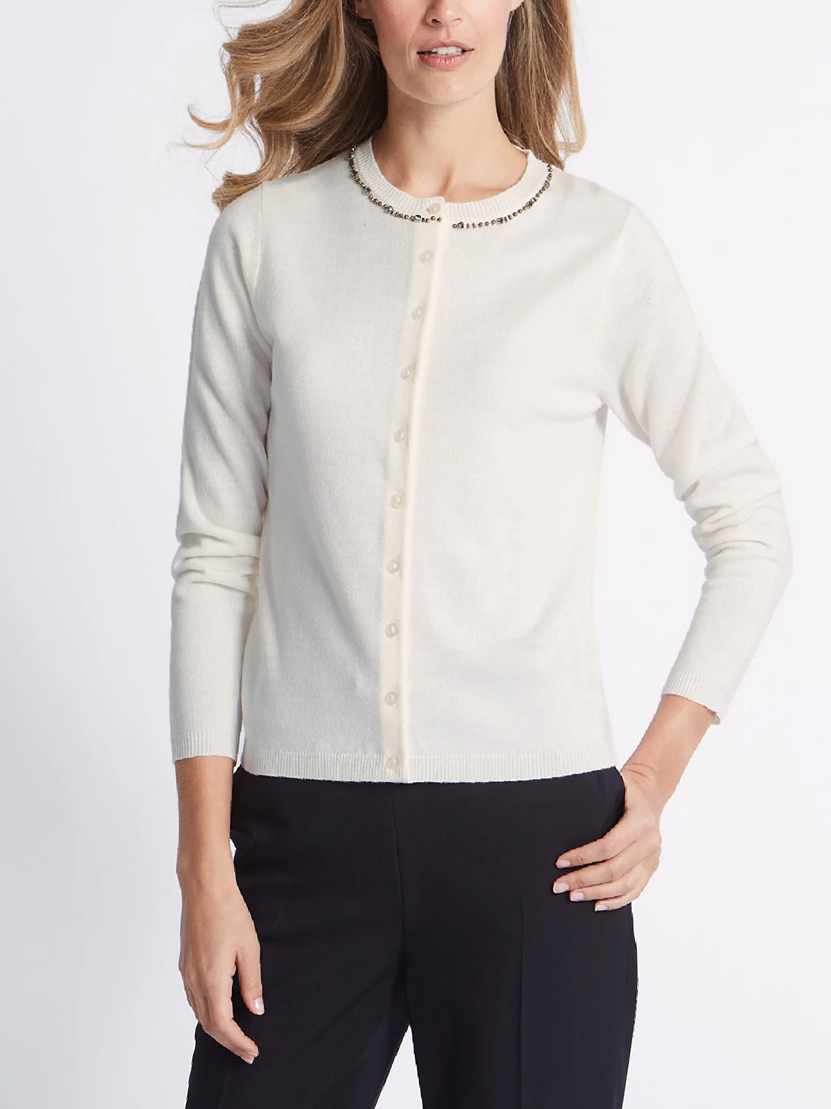 Marks and Spencer M&5 CREAM Bead Embellished Button Through