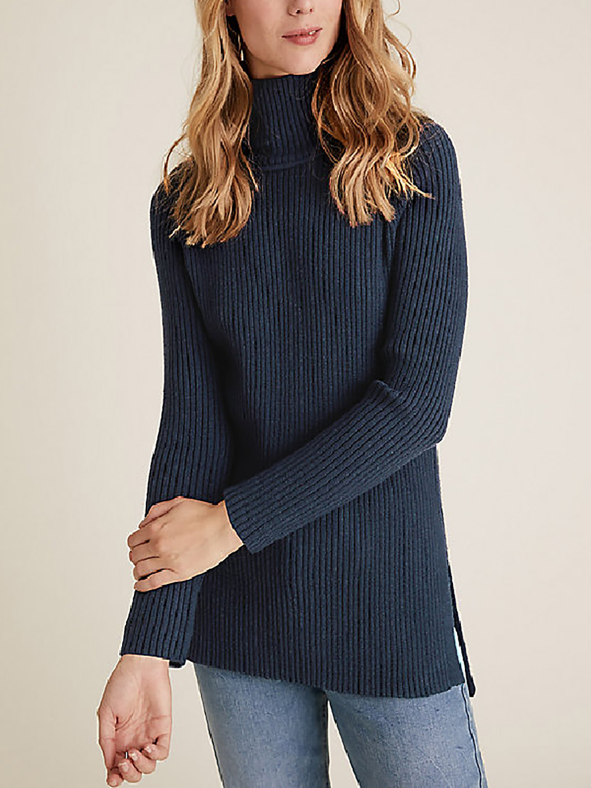 Marks and Spencer - - M&5 NAVY Ribbed Funnel Neck Relaxed Longline ...