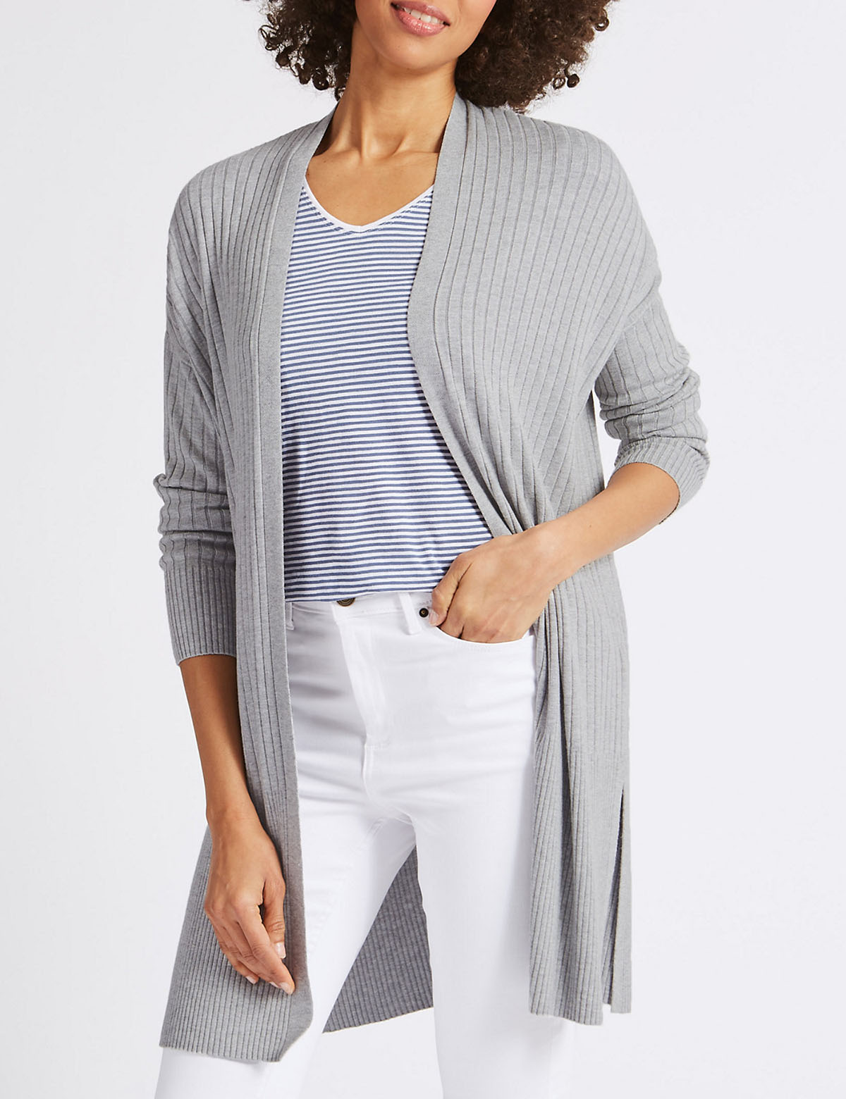 Marks and Spencer - - M&5 GREY-MARL Open Front Ribbed Longline Cardigan ...