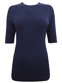 M&5 NAVY Ribbed Crew Neck Fitted Short Sleeve Jumper - Size 8 to 24
