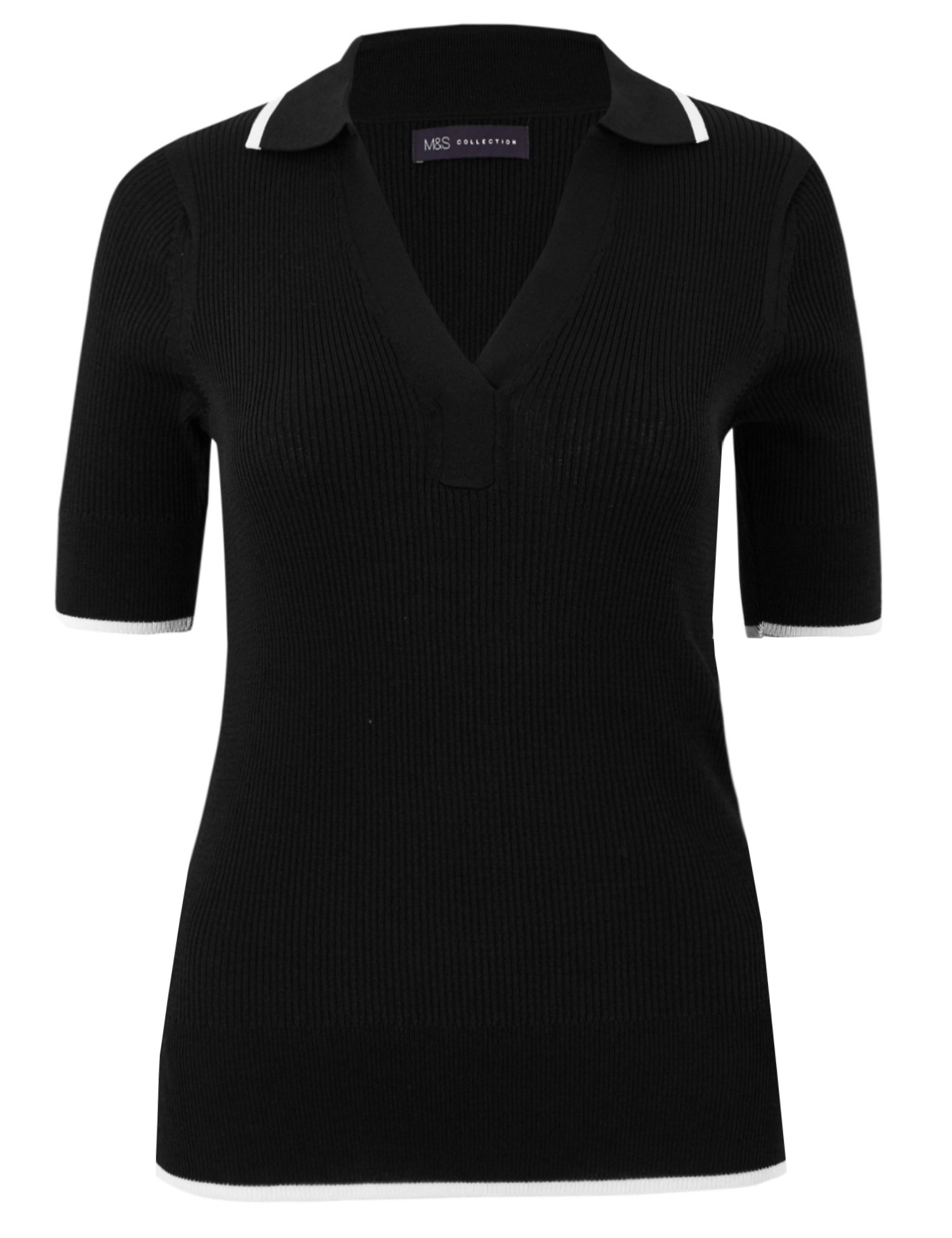 Marks and Spencer - - M&5 BLACK Ribbed Short Sleeve Knitted Top - Plus ...