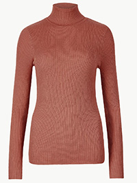M&5 TERRACOTTA Ribbed Roll Neck Jumper - Size 6 to 24