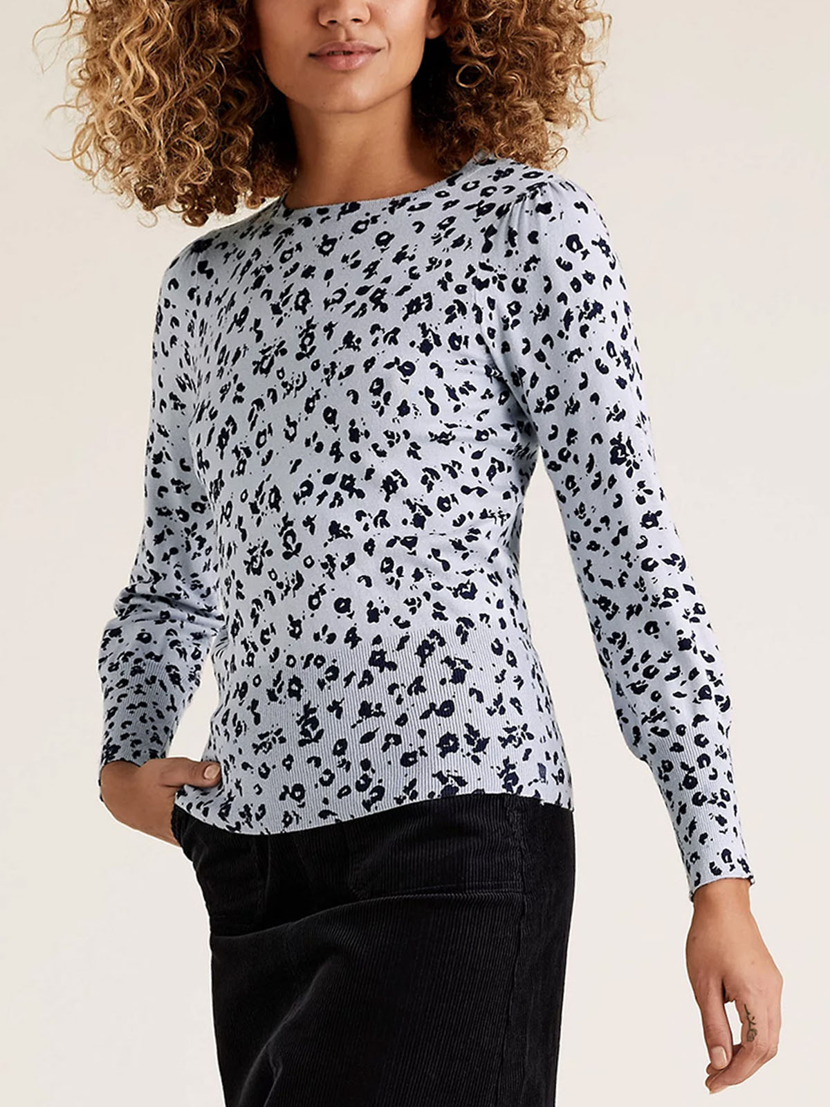 Marks and Spencer M&5 BLUE Animal Print Crew Neck Jumper Size 8 to 22