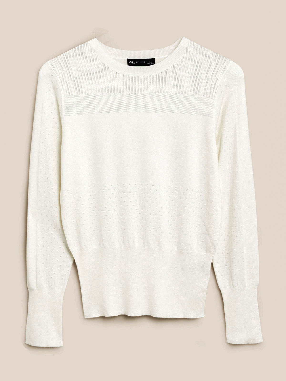 Marks and Spencer - - M&5 LIGHT-CREAM Textured Crew Neck Button Detail ...