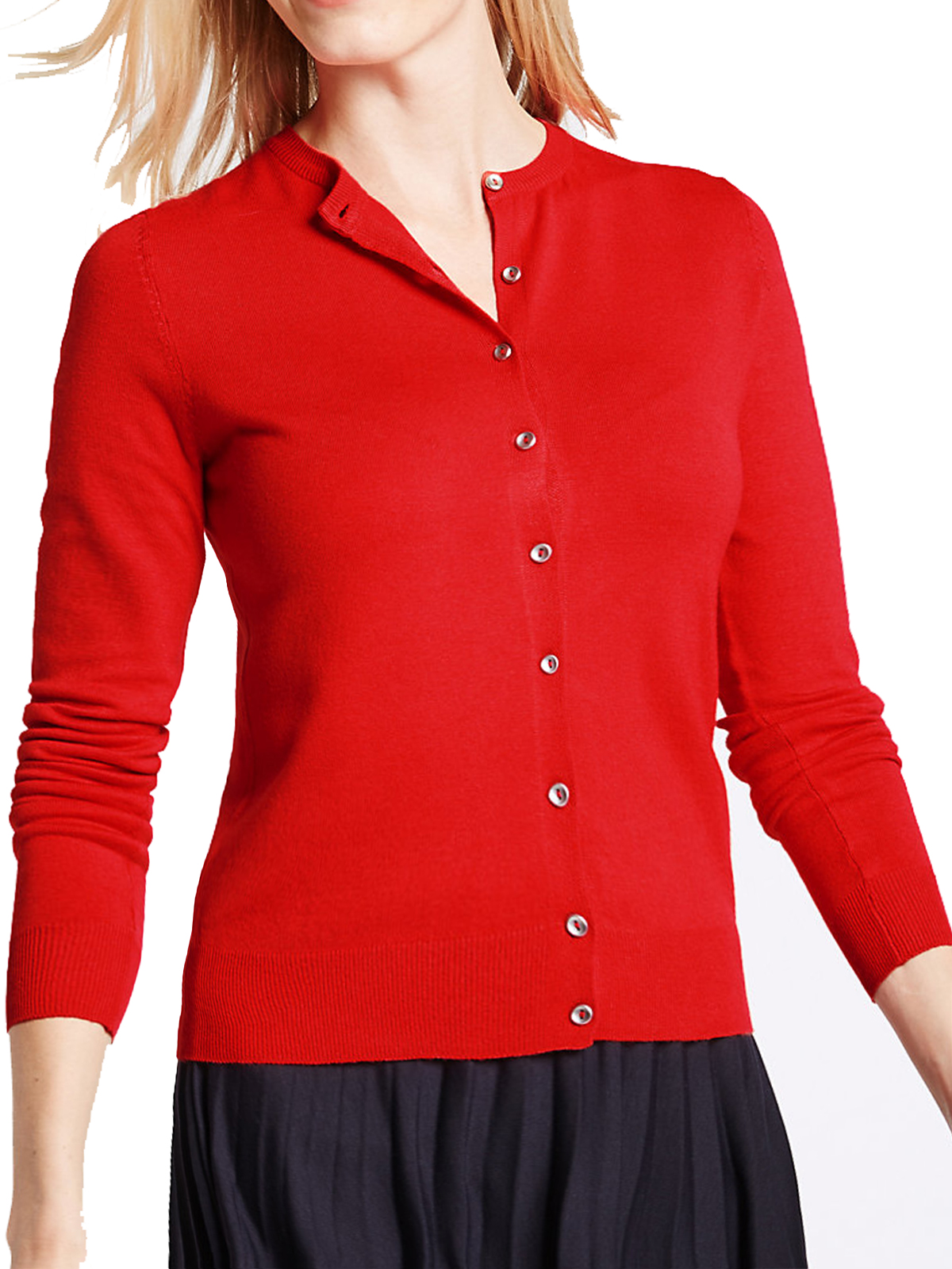 Marks and Spencer - - M&5 LACQUER-RED Ribbed Round Neck Button Through