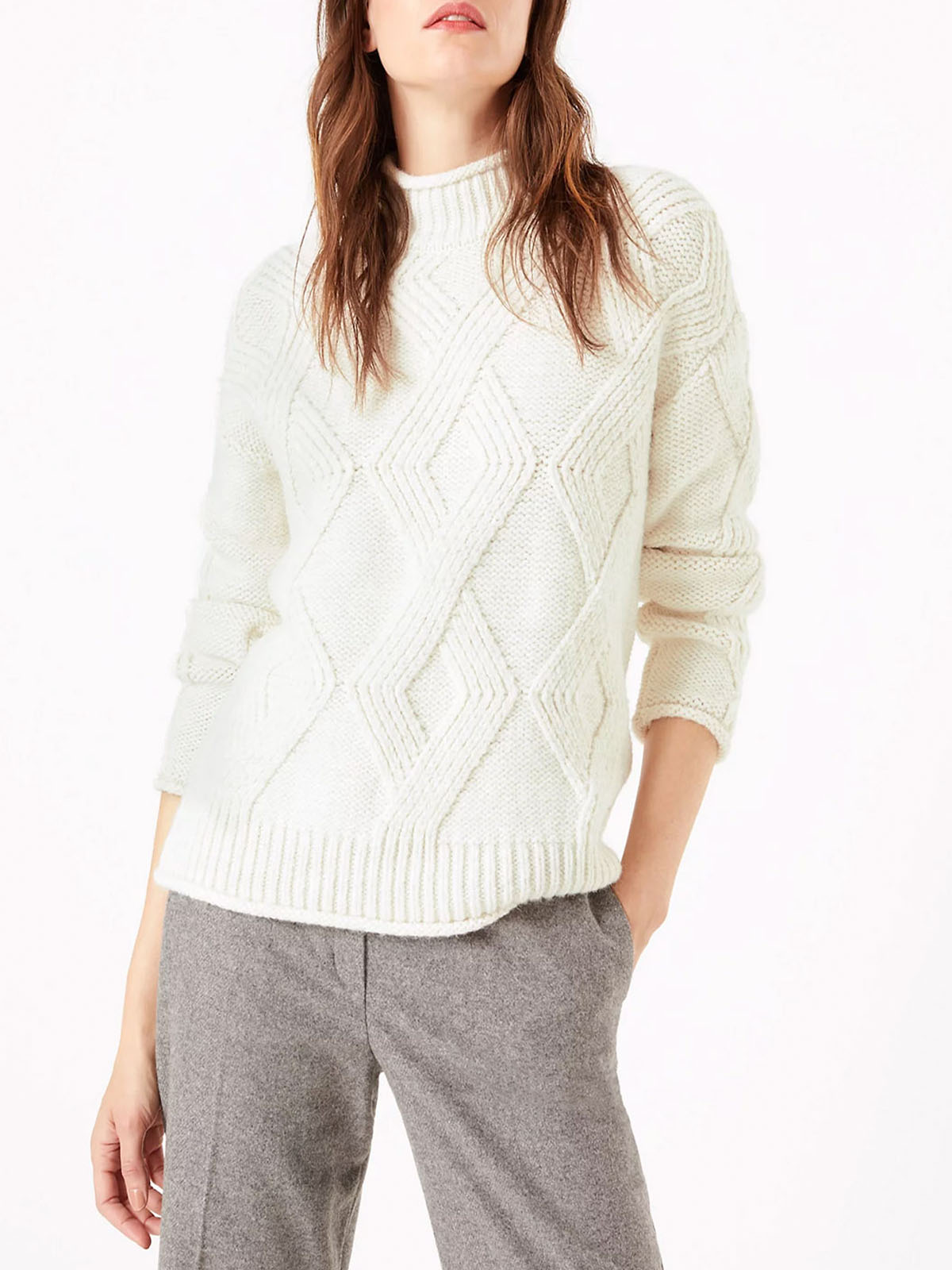 Marks and Spencer M&5 CREAM Argyle Cable Knit Turtle Neck Jumper