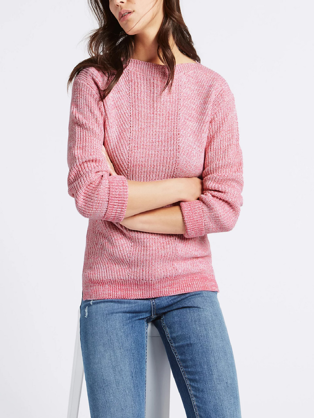 Marks and Spencer M&5 BRIGHTPINK Pure Cotton Cable Knit Slash Neck