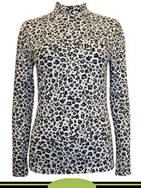 NATURAL Cotton Animal Print Funnel Neck Fitted Top - Size 6 to 20