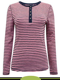 PINK Pure Cotton Striped Fitted Henley Top - Size 6 to 22