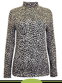 BLACK Cotton Rich Animal Print Funnel Neck Top - Size 6 to 24