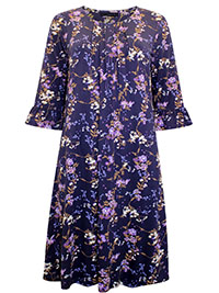 PURPLE Floral Print Frill Detail Dress - Size 8 to 18