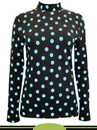 BLACK Polka Dot Long Sleeve Funnel Neck Fitted Stretch Top - Size 6 to 24