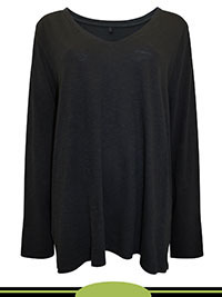 BLACK Cotton Rich V-Neck Long Sleeve T-Shirt - Plus Size 22 to 24